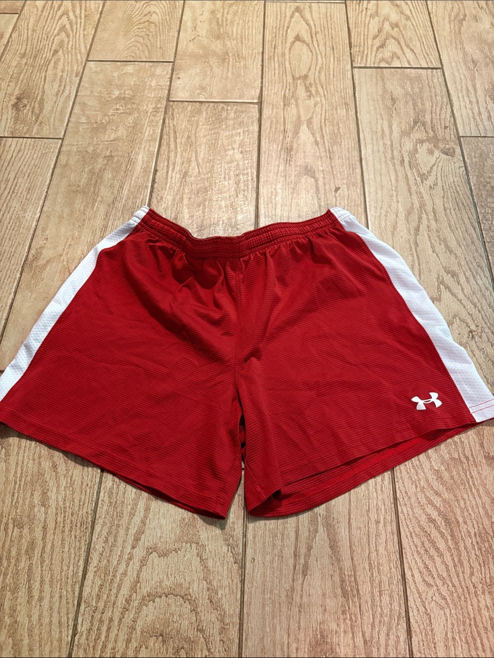 Under Armour Red Athletic Shorts with White Side Panels